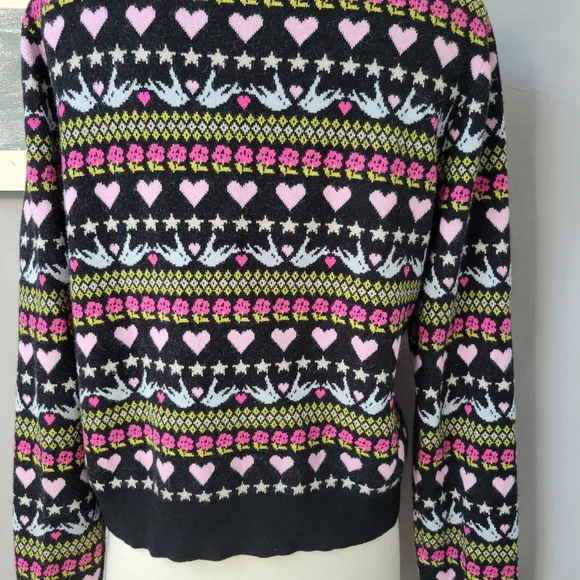 Anthropologie Maeve Hearts Dove Floral Cropped Novelty Cardigan Sweater L - Picture 10 of 14